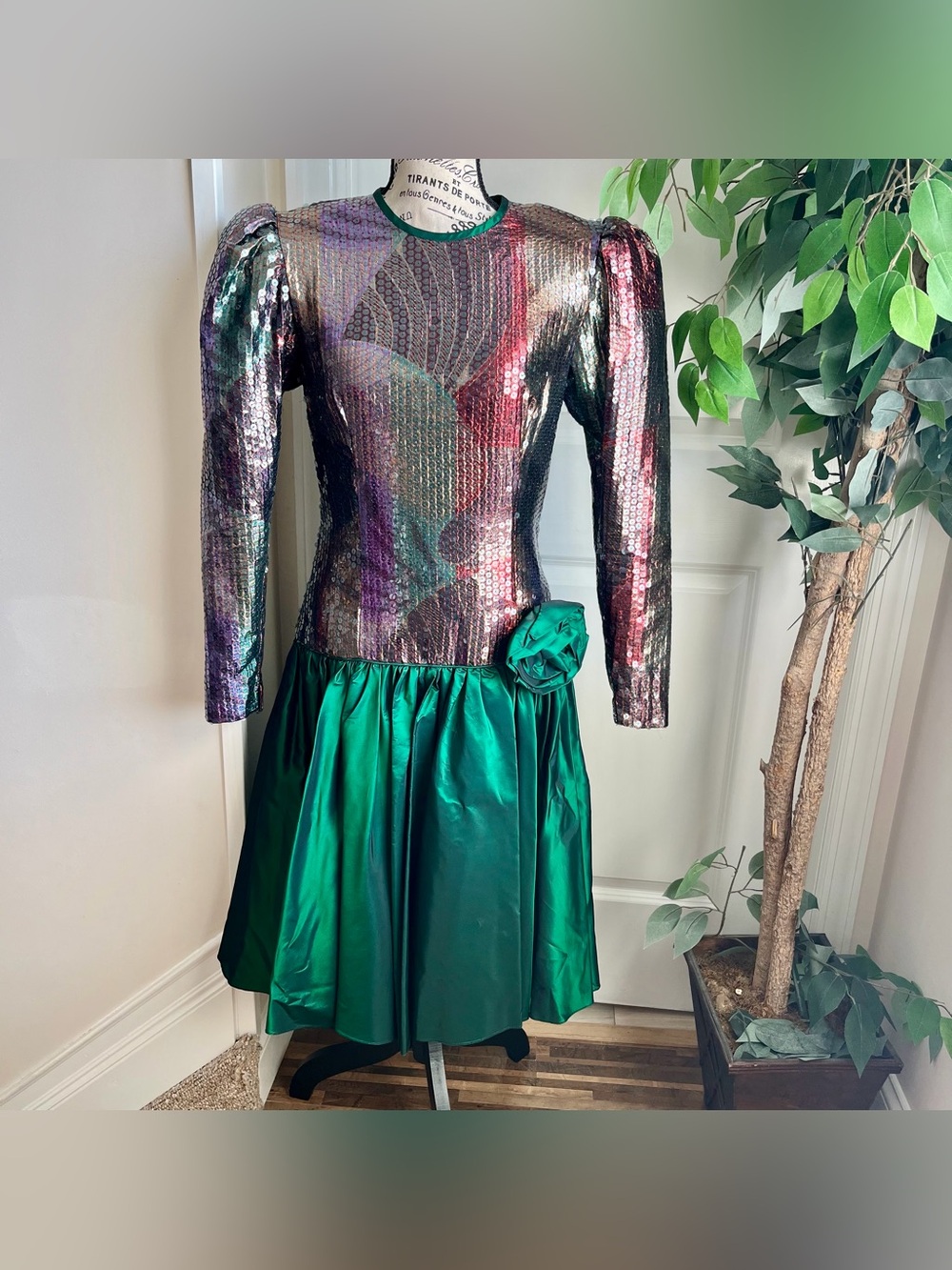 Cattiva by Maya Jornot 80s Vintage Sequin Taffeta Puff Sleeve Dress Green Sz 6